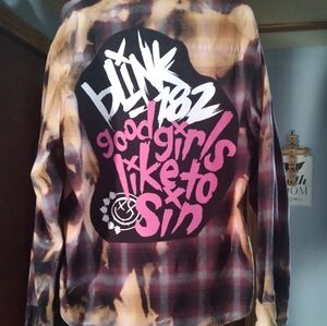 upcycled bleached flannel shirt w/ vintage BLINK 182 back patch